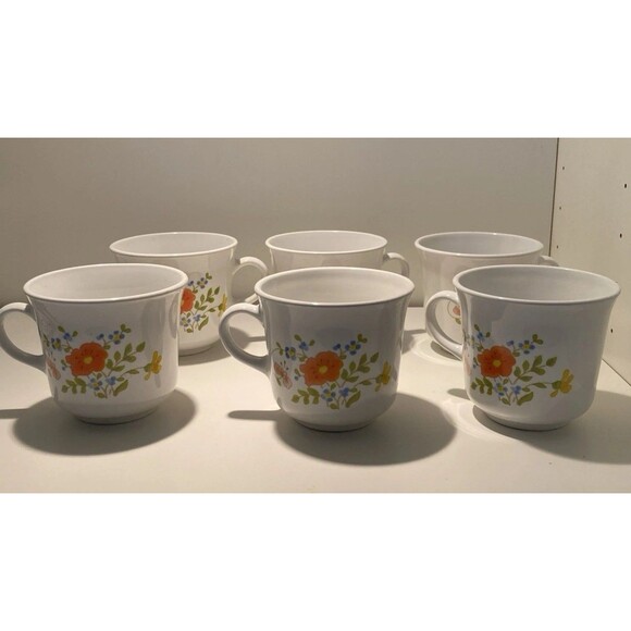 Vintage Corning Ware Corelle Wildflowers Coffee Tea Cups Mugs Set Of 6 USA - Picture 1 of 13
